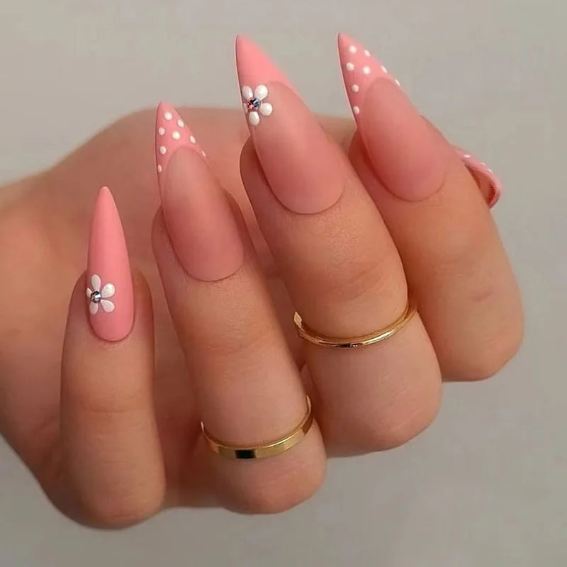Long Stiletto False Nails Black Edge French Gold Thread Black Rhinestones Design Wearable Fake Nails Press on Nails Manicure Tip