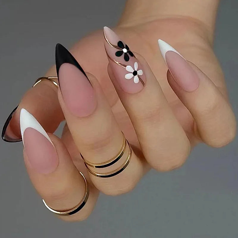 Long Stiletto False Nails Black Edge French Gold Thread Black Rhinestones Design Wearable Fake Nails Press on Nails Manicure Tip