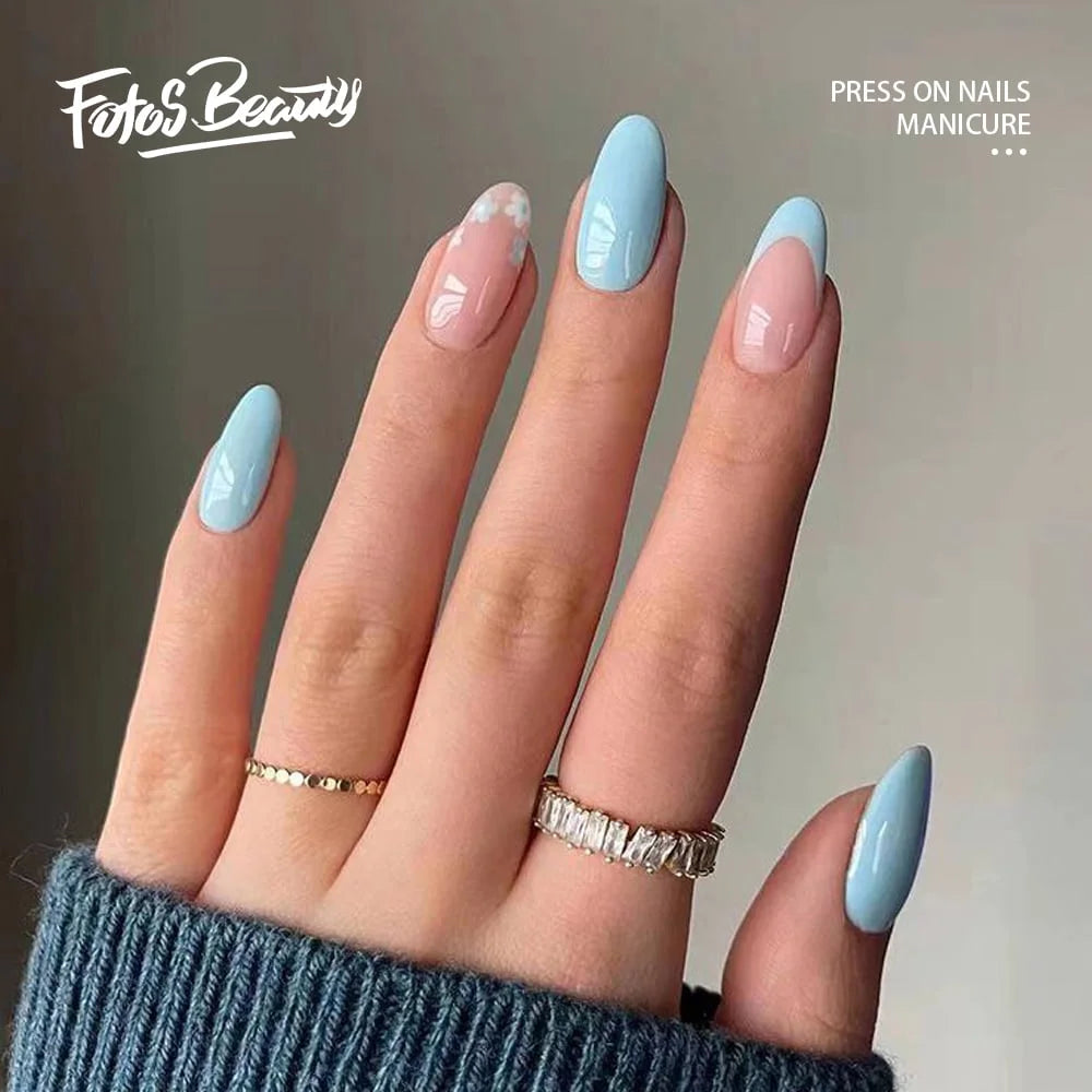 24 Pcs Press on Nails, Blue Almond Nails, Medium Press on French Tip Nails, Lakeside Blue Daisy
