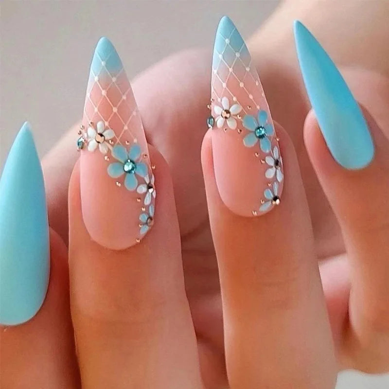 Long Stiletto False Nails Black Edge French Gold Thread Black Rhinestones Design Wearable Fake Nails Press on Nails Manicure Tip