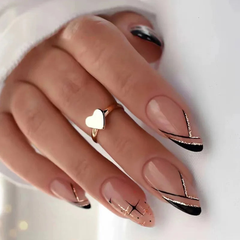 Long Stiletto False Nails Black Edge French Gold Thread Black Rhinestones Design Wearable Fake Nails Press on Nails Manicure Tip