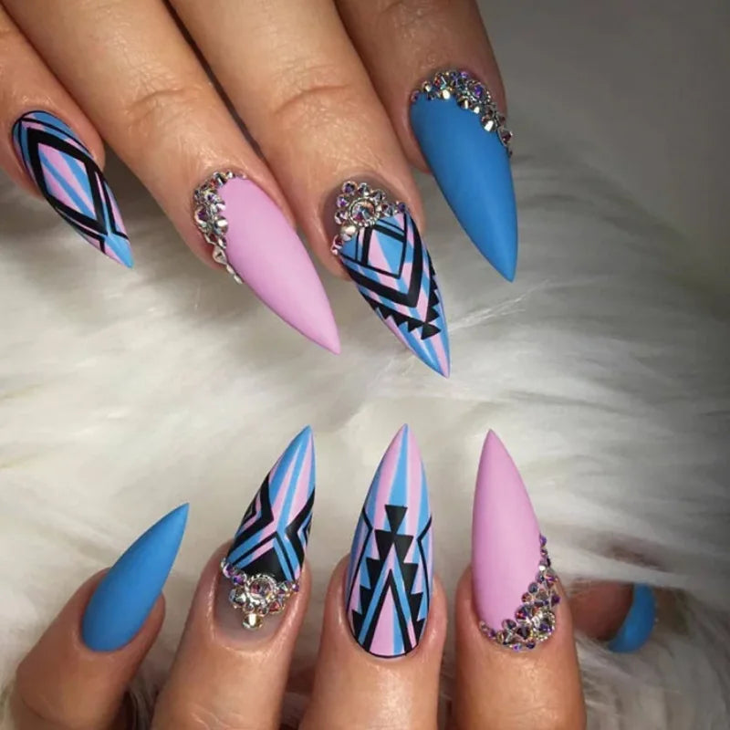 Long Stiletto False Nails Black Edge French Gold Thread Black Rhinestones Design Wearable Fake Nails Press on Nails Manicure Tip
