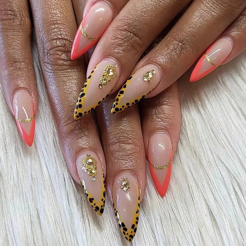 Long Stiletto False Nails Black Edge French Gold Thread Black Rhinestones Design Wearable Fake Nails Press on Nails Manicure Tip