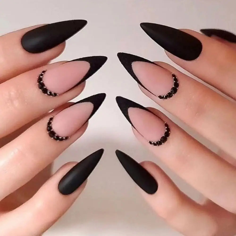 Long Stiletto False Nails Black Edge French Gold Thread Black Rhinestones Design Wearable Fake Nails Press on Nails Manicure Tip