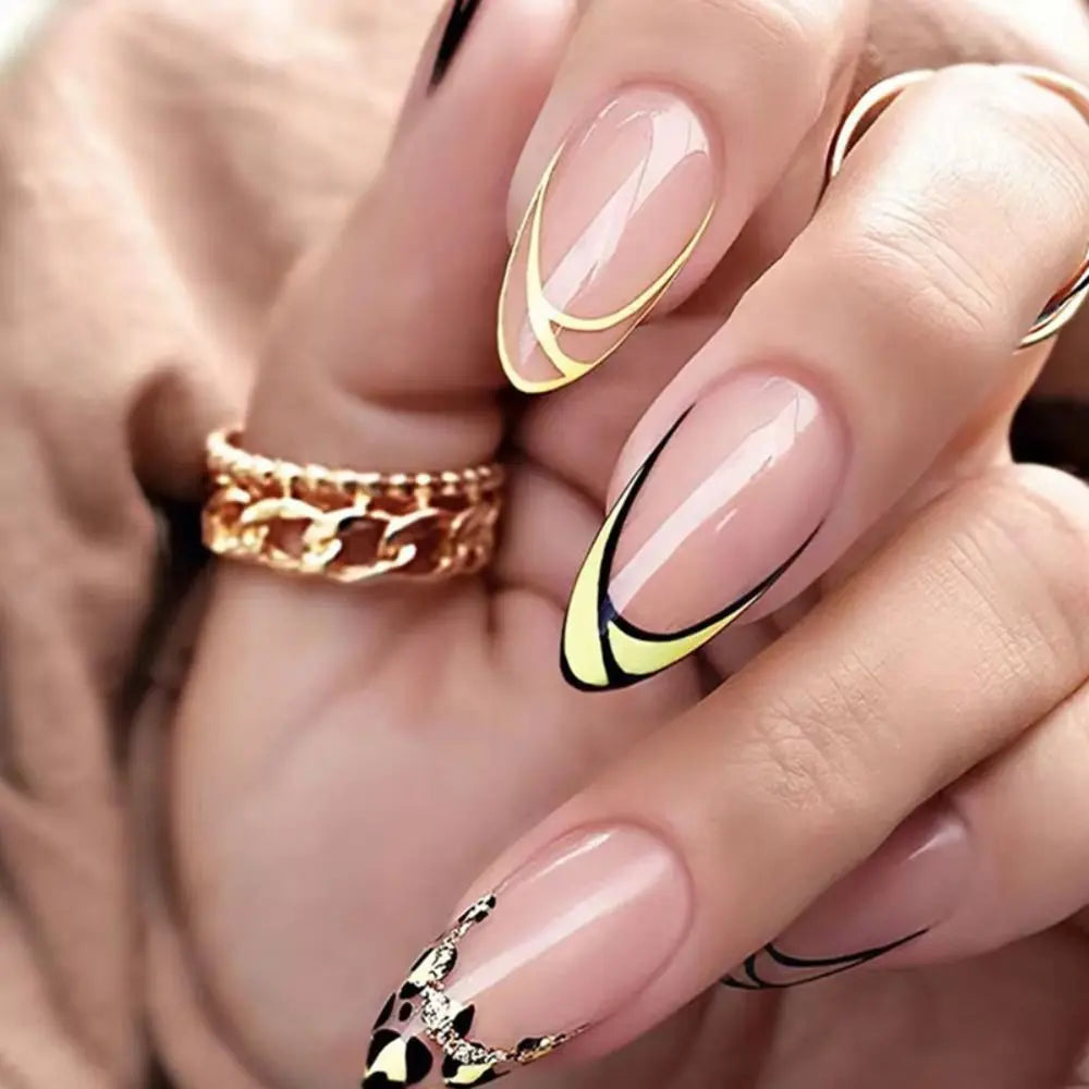Long Stiletto False Nails Black Edge French Gold Thread Black Rhinestones Design Wearable Fake Nails Press on Nails Manicure Tip