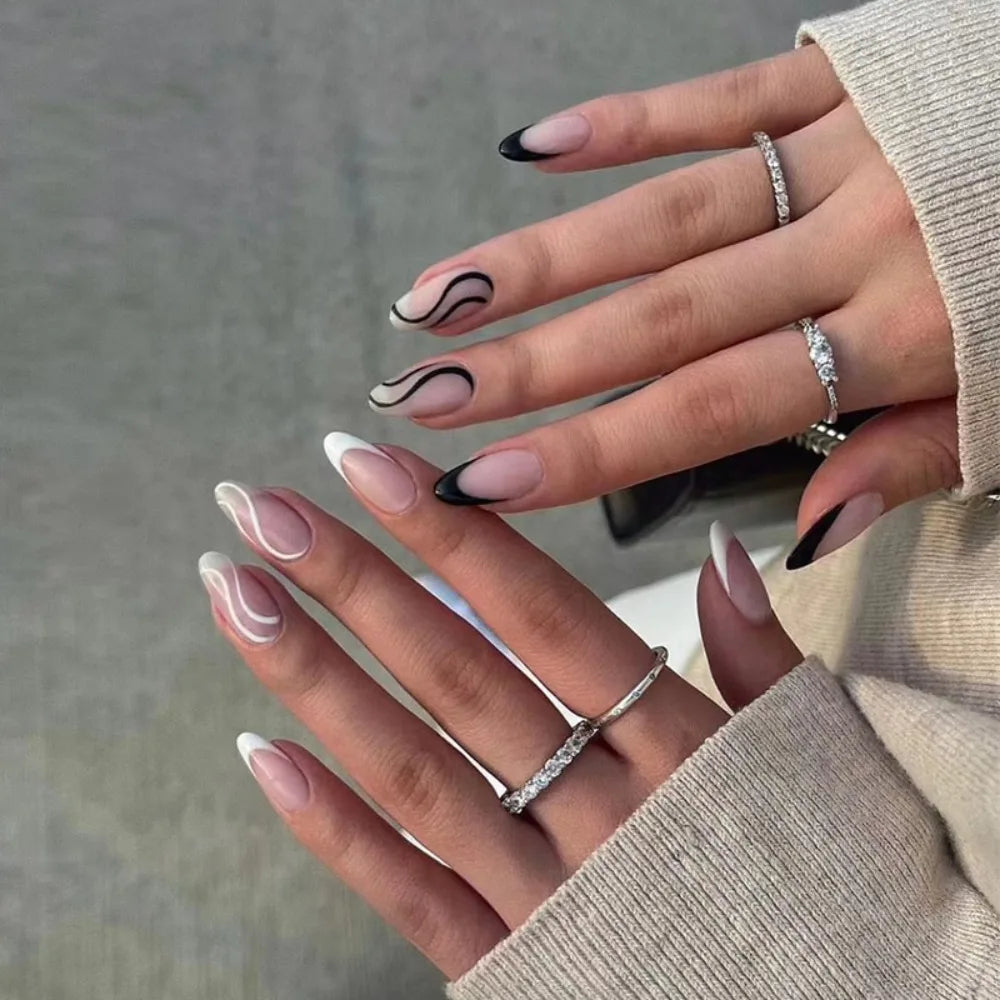 Long Stiletto False Nails Black Edge French Gold Thread Black Rhinestones Design Wearable Fake Nails Press on Nails Manicure Tip