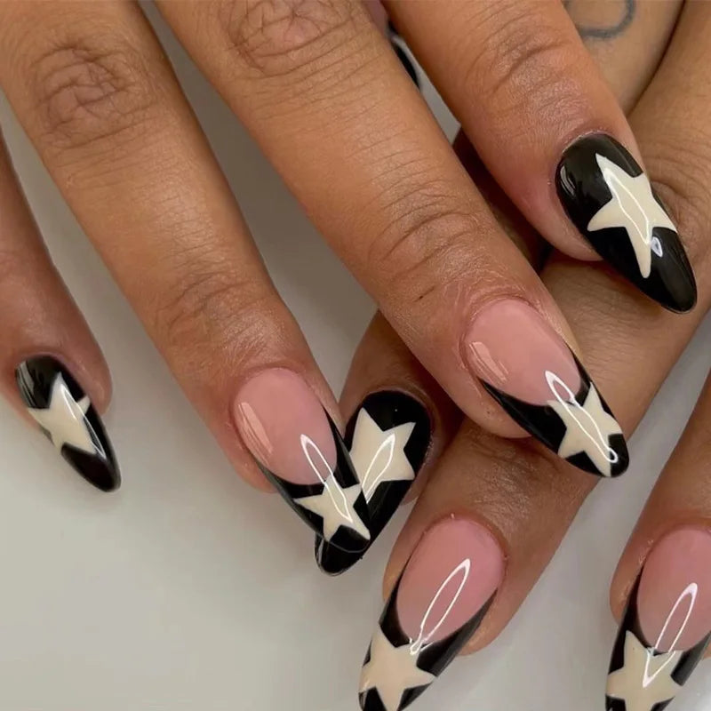 Long Stiletto False Nails Black Edge French Gold Thread Black Rhinestones Design Wearable Fake Nails Press on Nails Manicure Tip