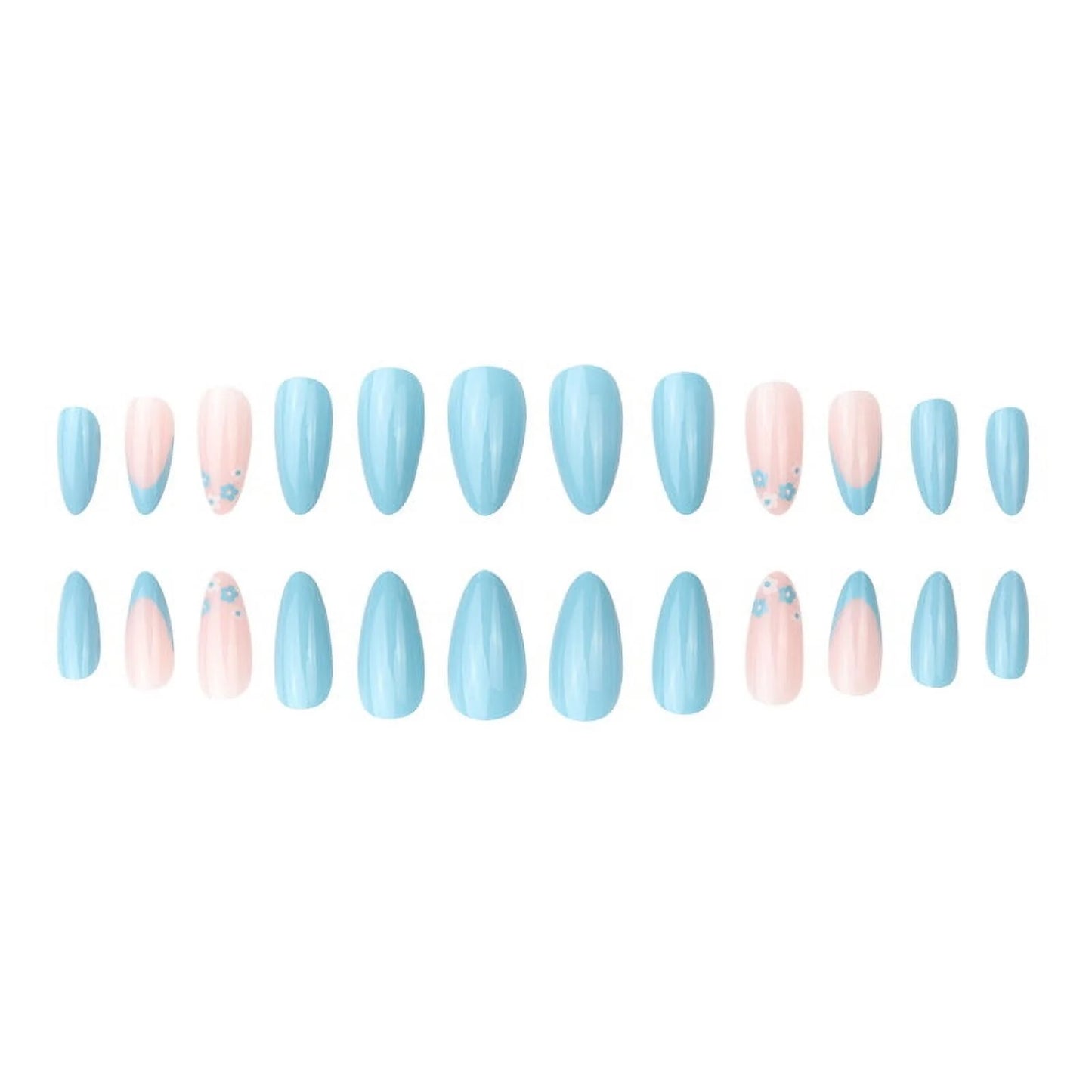 24 Pcs Press on Nails, Blue Almond Nails, Medium Press on French Tip Nails, Lakeside Blue Daisy