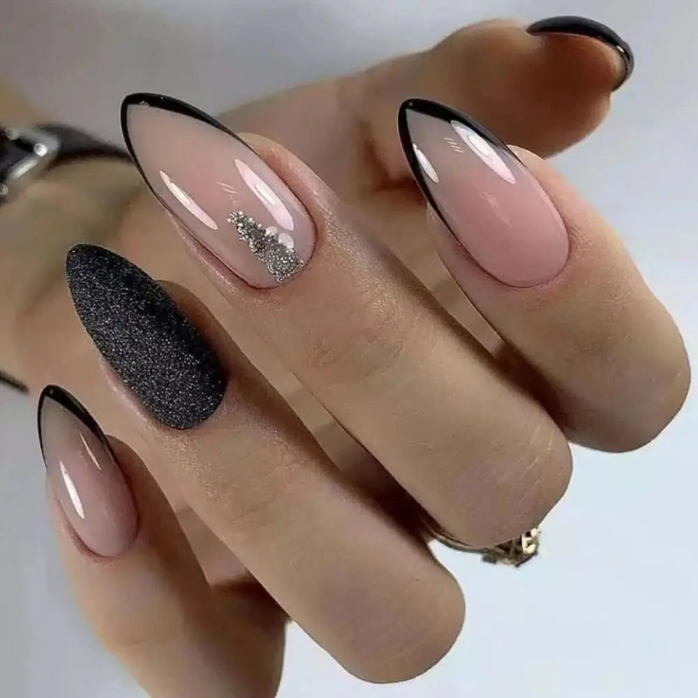 Long Stiletto False Nails Black Edge French Gold Thread Black Rhinestones Design Wearable Fake Nails Press on Nails Manicure Tip