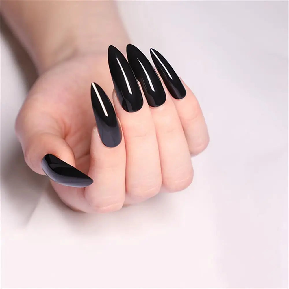 Long Stiletto False Nails Black Edge French Gold Thread Black Rhinestones Design Wearable Fake Nails Press on Nails Manicure Tip