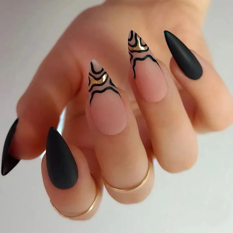 Long Stiletto False Nails Black Edge French Gold Thread Black Rhinestones Design Wearable Fake Nails Press on Nails Manicure Tip