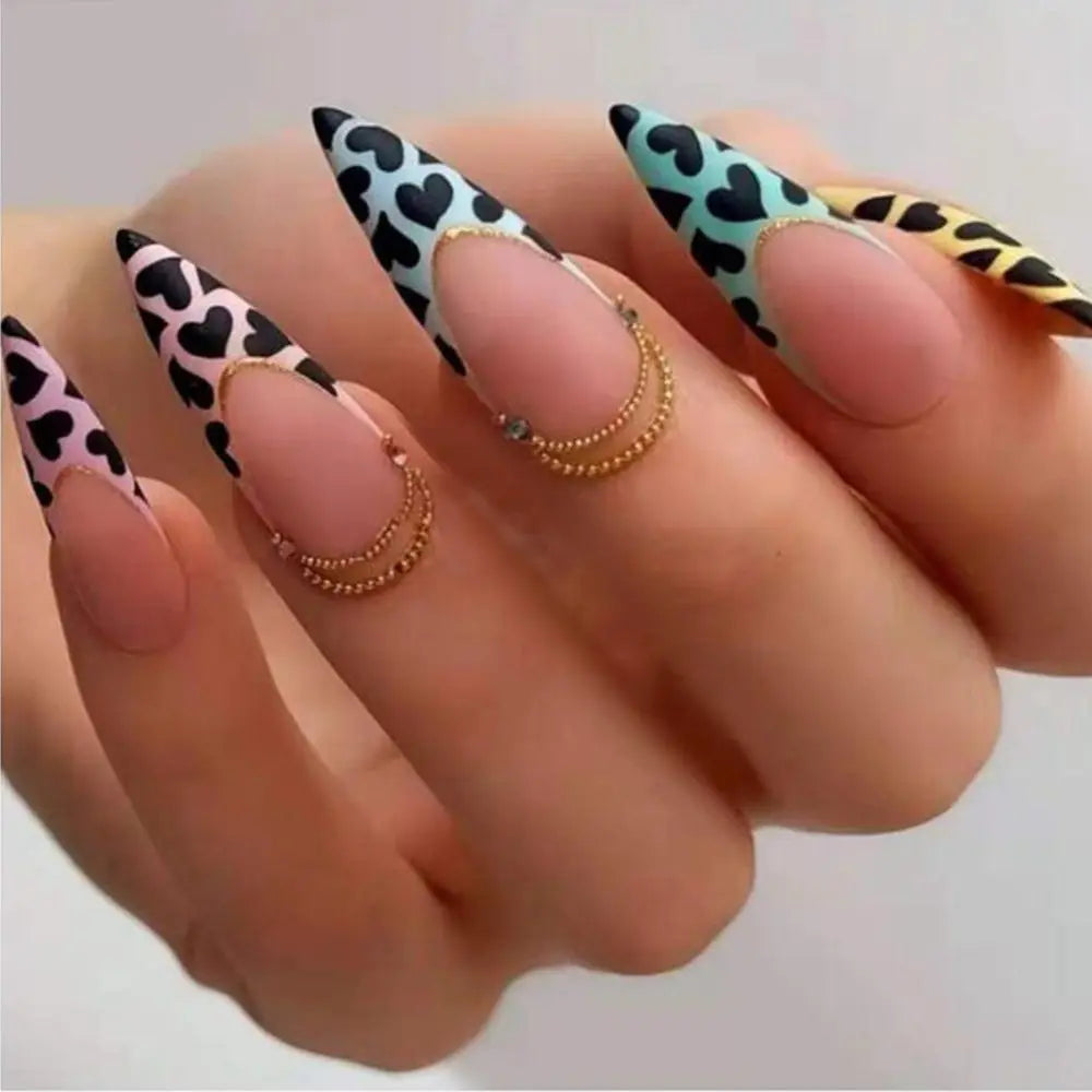 Long Stiletto False Nails Black Edge French Gold Thread Black Rhinestones Design Wearable Fake Nails Press on Nails Manicure Tip