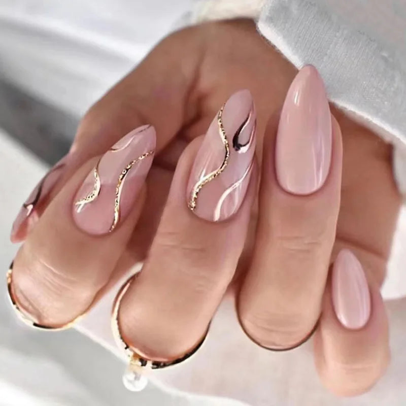 Long Stiletto False Nails Black Edge French Gold Thread Black Rhinestones Design Wearable Fake Nails Press on Nails Manicure Tip