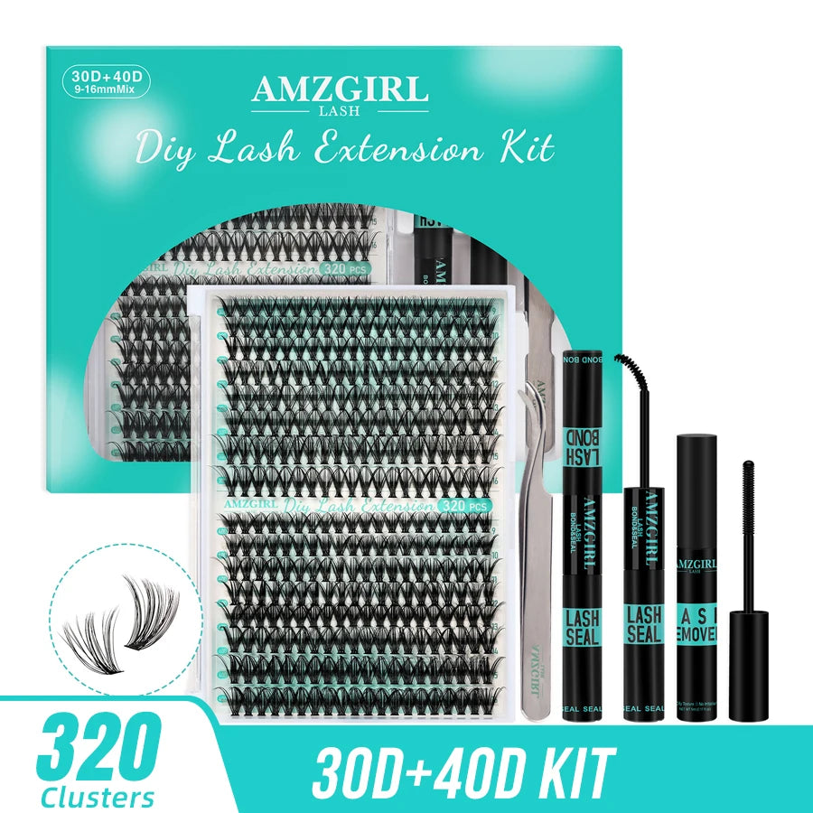 AMZGIRL LASH 168Pcs DIY Eyelashes Kit Cluster Lashes D Curl Waterproof Bond and Seal with Remover Tweezer Easy Apply Premade Fan