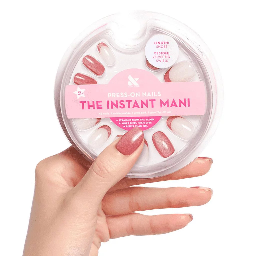 Instant Mani round Short Press-On Nails, Pink, Velvet Fig Swirls, 42 Pieces