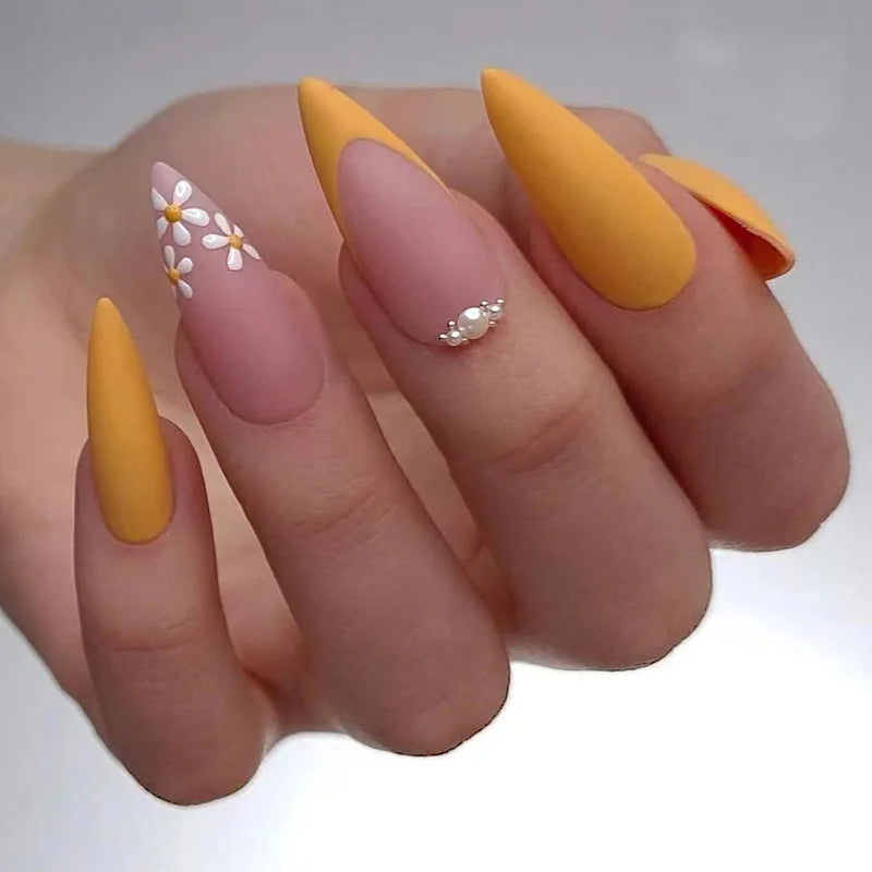 Long Stiletto False Nails Black Edge French Gold Thread Black Rhinestones Design Wearable Fake Nails Press on Nails Manicure Tip