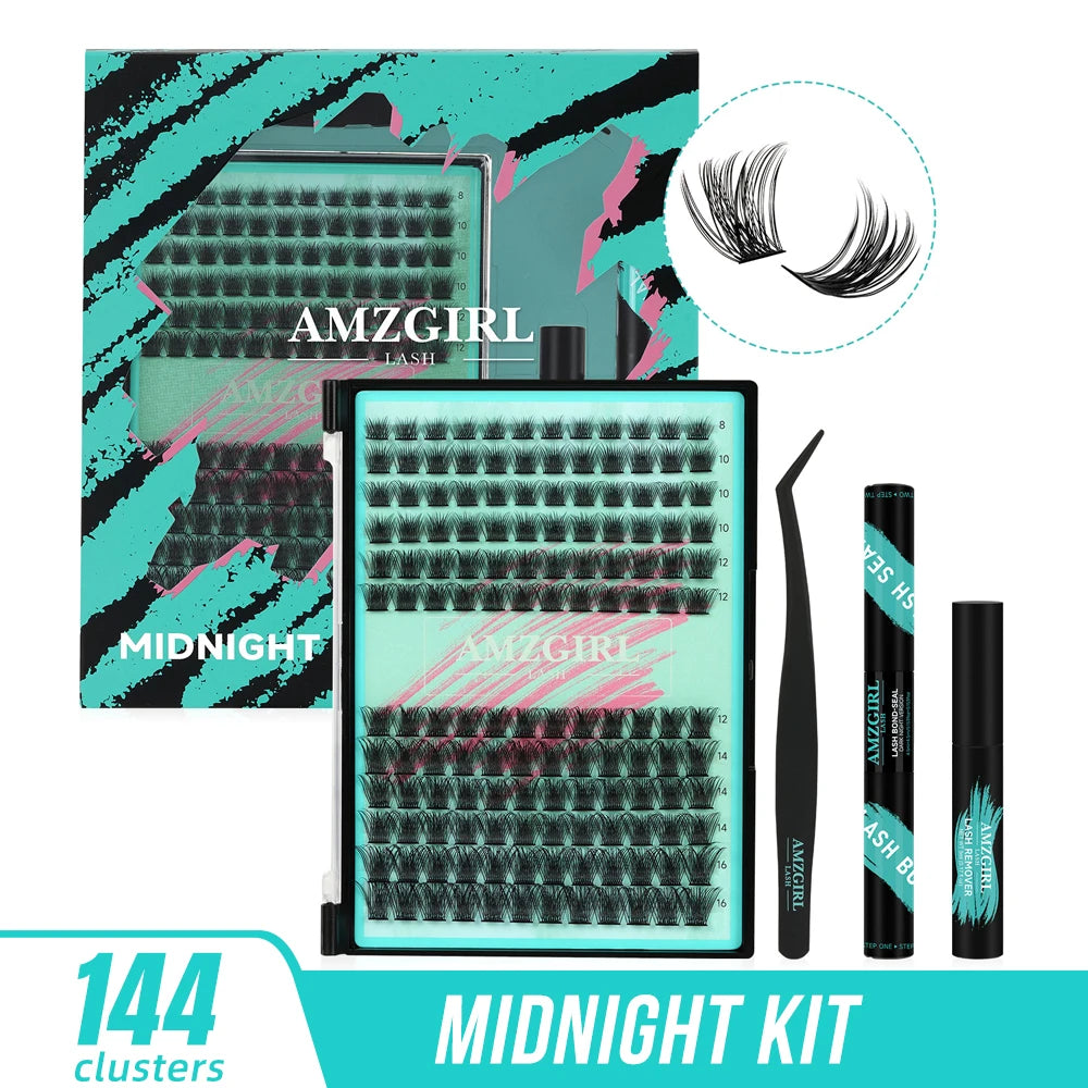 AMZGIRL LASH 168Pcs DIY Eyelashes Kit Cluster Lashes D Curl Waterproof Bond and Seal with Remover Tweezer Easy Apply Premade Fan