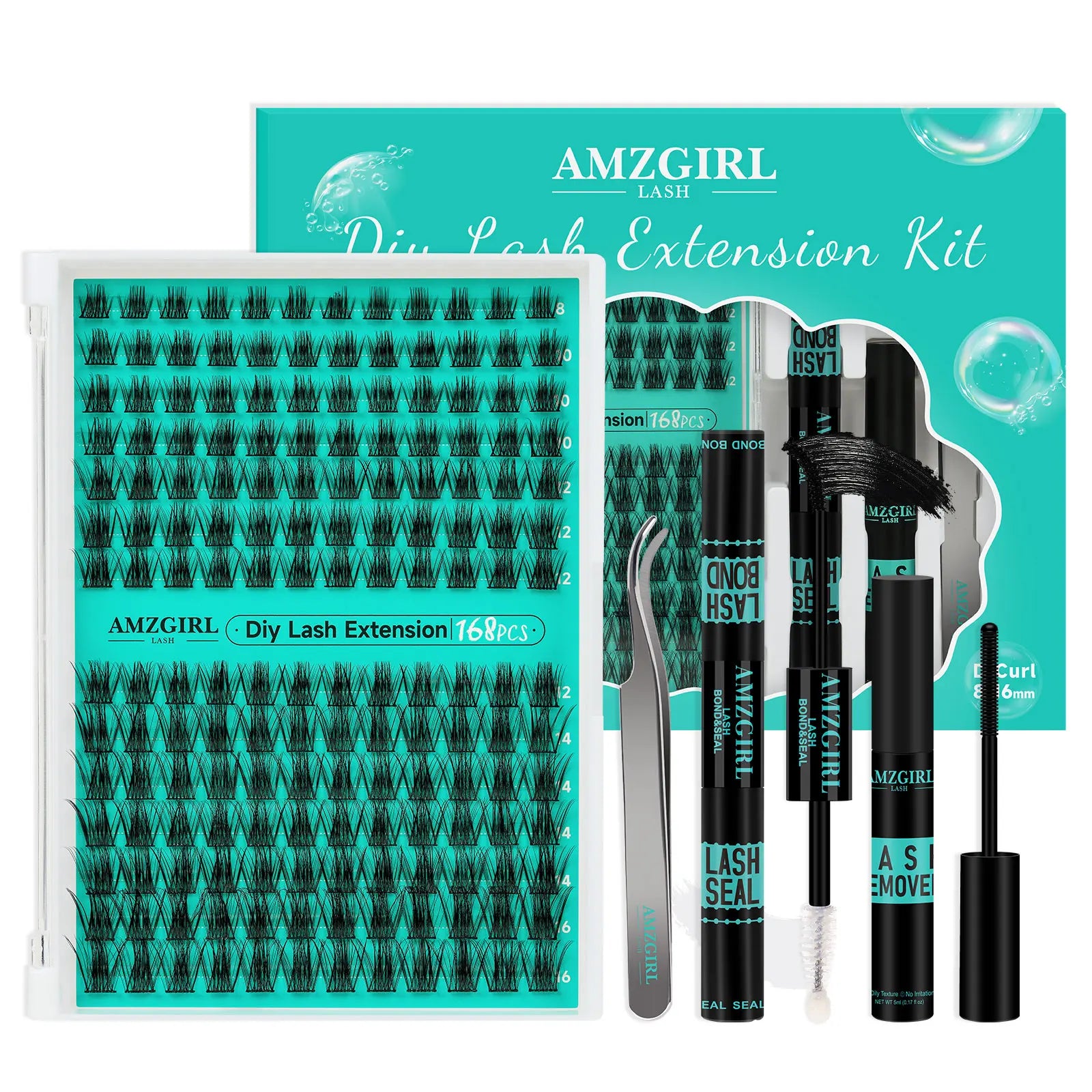 AMZGIRL LASH 168Pcs DIY Eyelashes Kit Cluster Lashes D Curl Waterproof Bond and Seal with Remover Tweezer Easy Apply Premade Fan