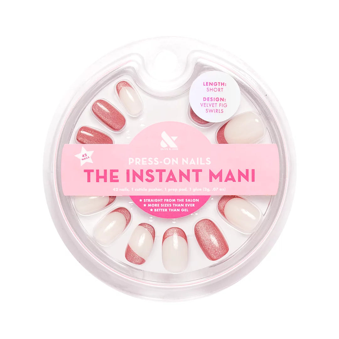 Instant Mani round Short Press-On Nails, Pink, Velvet Fig Swirls, 42 Pieces