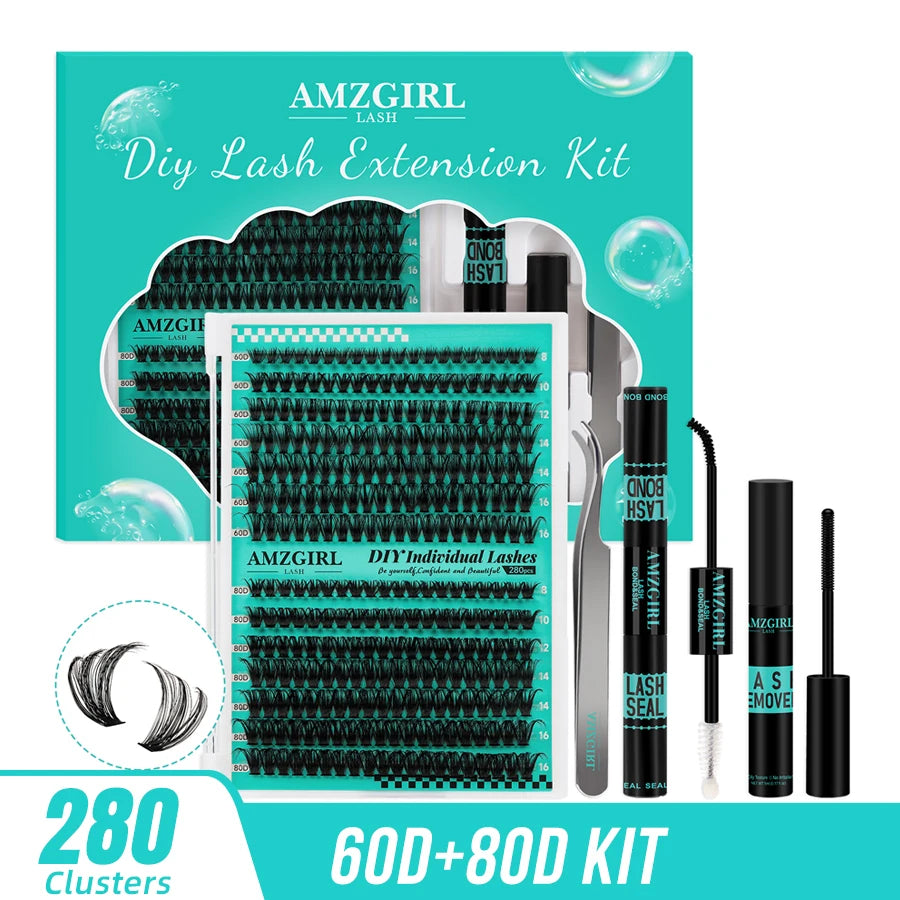 AMZGIRL LASH 168Pcs DIY Eyelashes Kit Cluster Lashes D Curl Waterproof Bond and Seal with Remover Tweezer Easy Apply Premade Fan