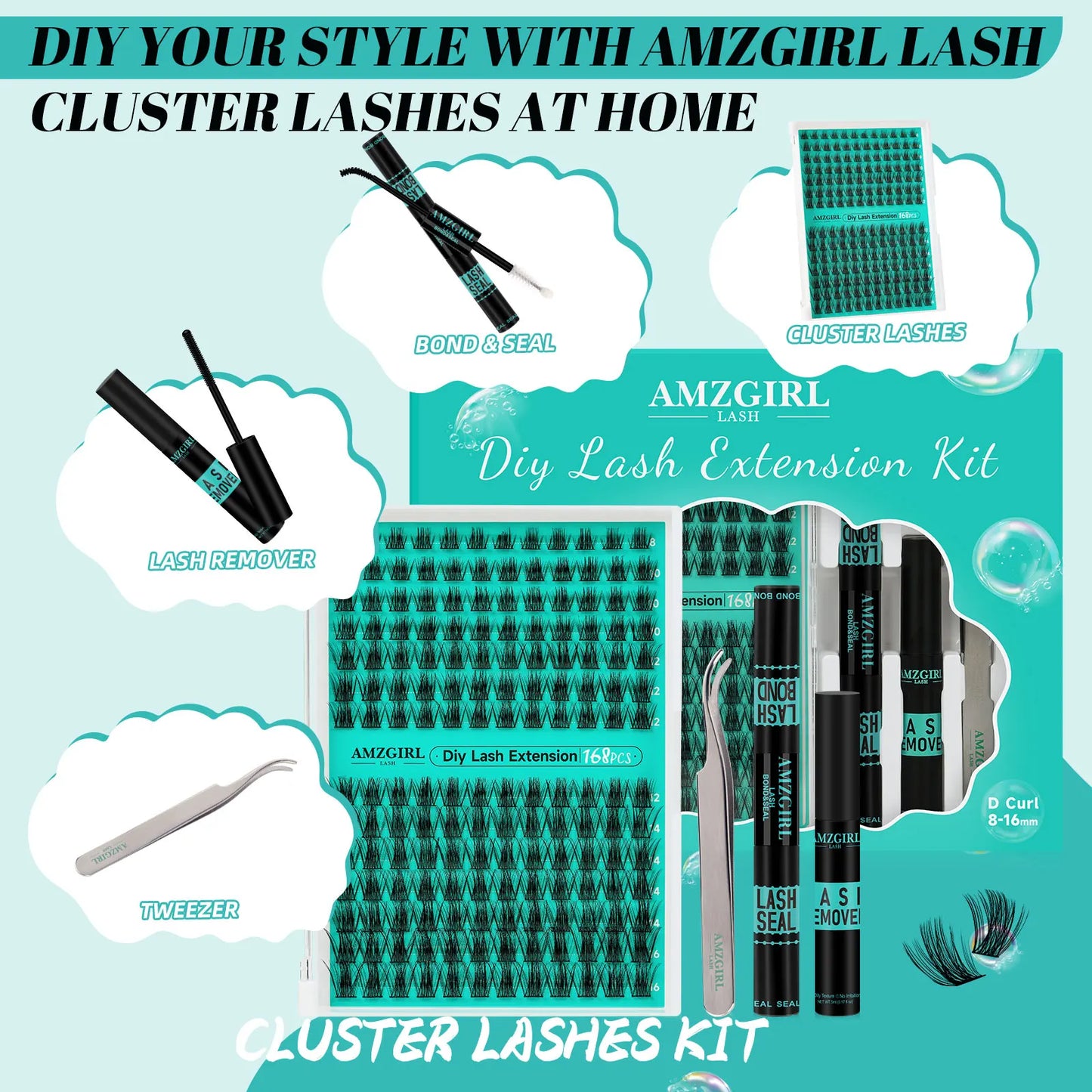 AMZGIRL LASH 168Pcs DIY Eyelashes Kit Cluster Lashes D Curl Waterproof Bond and Seal with Remover Tweezer Easy Apply Premade Fan