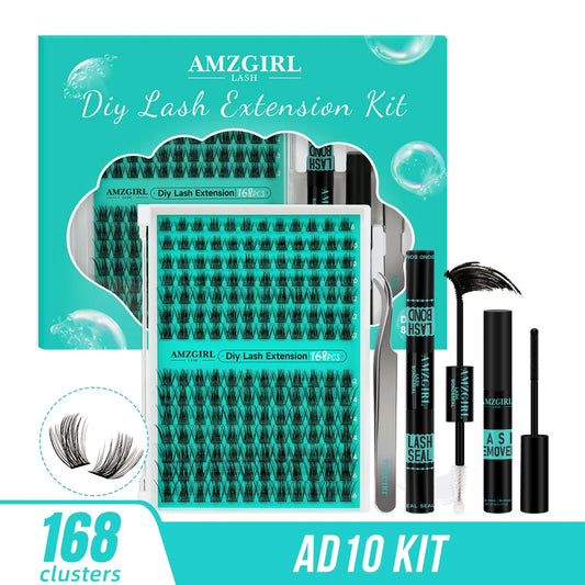 AMZGIRL LASH 168Pcs DIY Eyelashes Kit Cluster Lashes D Curl Waterproof Bond and Seal with Remover Tweezer Easy Apply Premade Fan