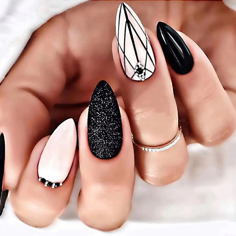 Long Stiletto False Nails Black Edge French Gold Thread Black Rhinestones Design Wearable Fake Nails Press on Nails Manicure Tip