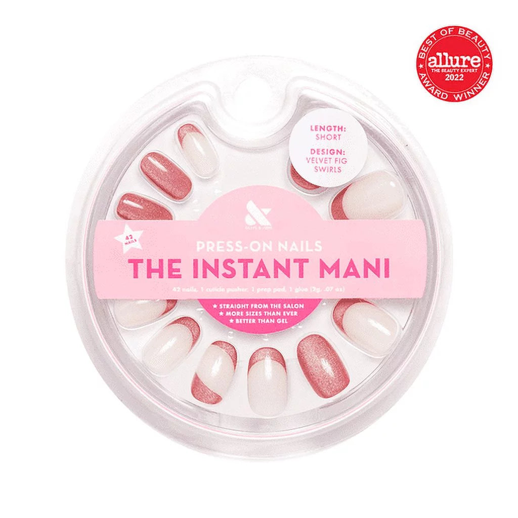 Instant Mani round Short Press-On Nails, Pink, Velvet Fig Swirls, 42 Pieces