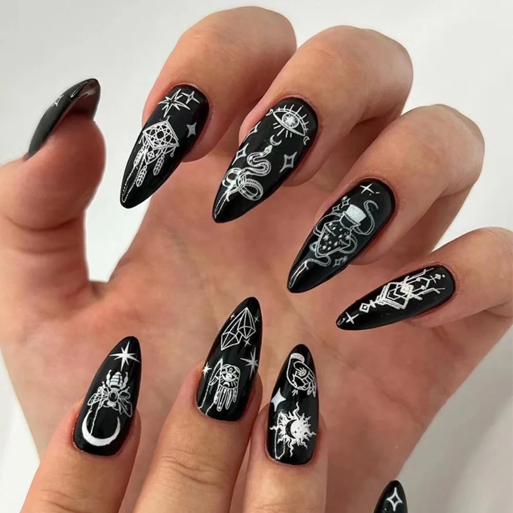 Long Stiletto False Nails Black Edge French Gold Thread Black Rhinestones Design Wearable Fake Nails Press on Nails Manicure Tip